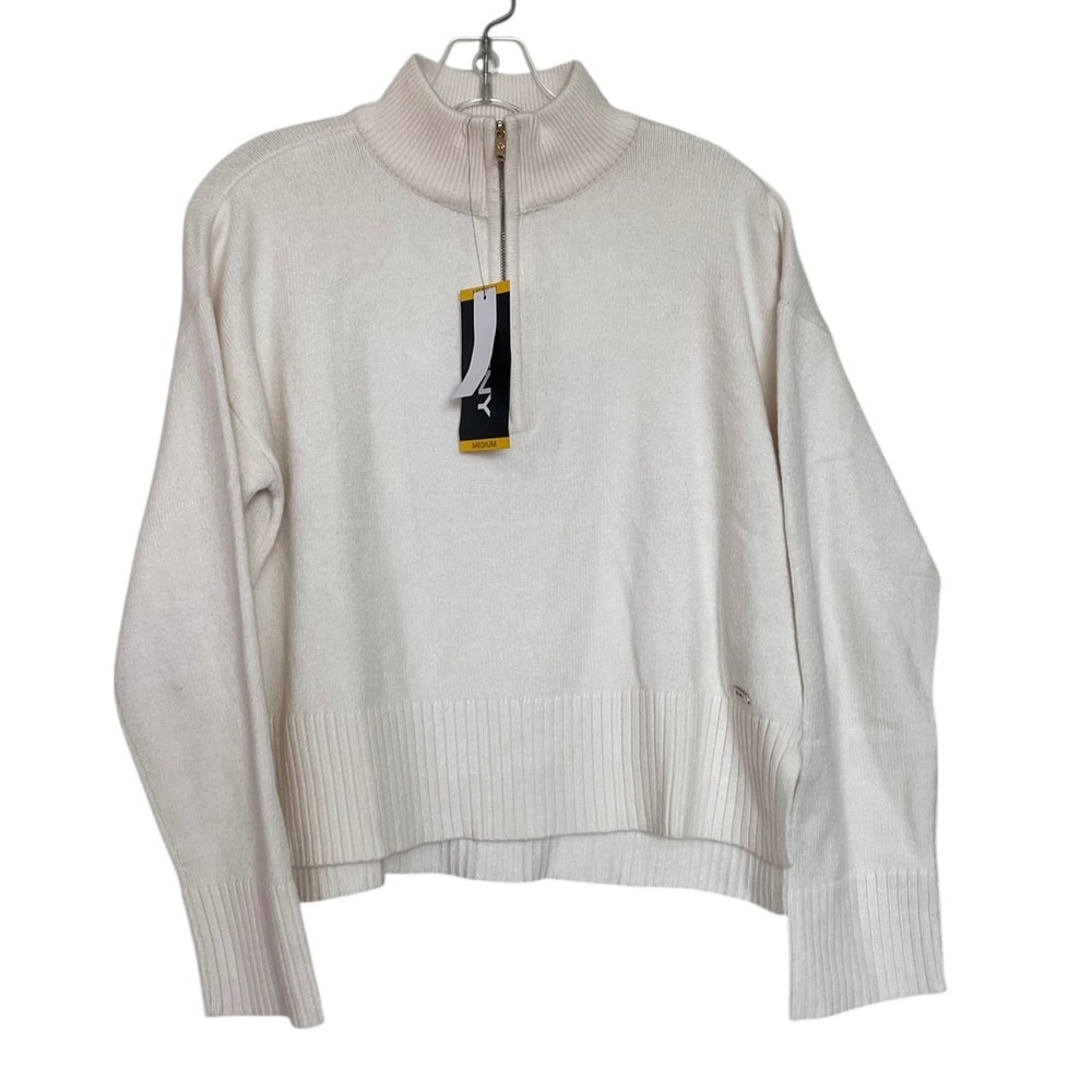 DKNY Womens Quarter‎ Zip Sweater Cream Ribbed Knit Mock Neck Pullover Medium